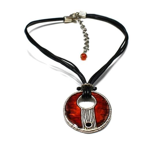 Vintage Chico's Red Enamel Pendant Leather Necklace, 21 Inches - Picture 5 of 8
